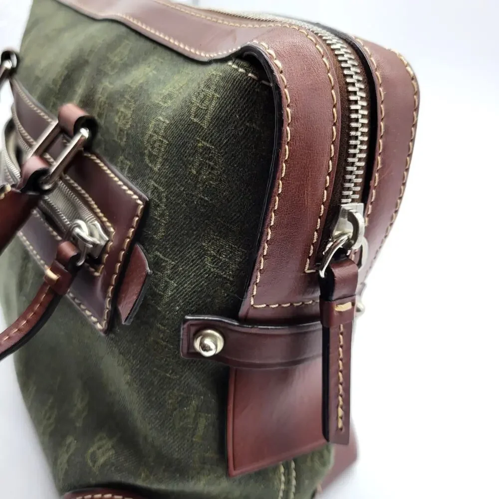Dooney & Bourke Green Signature Logo Canvas Leather Double Pocket Tote Bag Purse - Picture 7 of 14